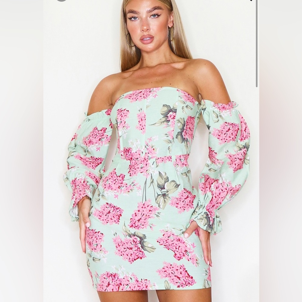 Sage Green Floral Print Bardot Corset Detail Bodycon - Size 10 (NWT)